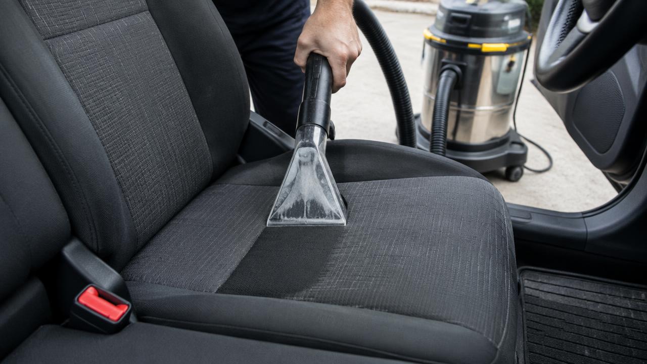 Araç kumaş koltuğu vakumlu yıkama makinesiyle temizlenirken