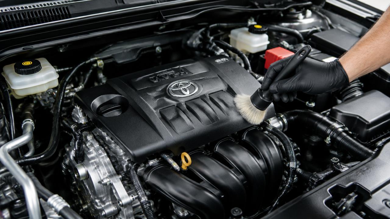 Araç motoru yumuşak fırçayla temizlenirken