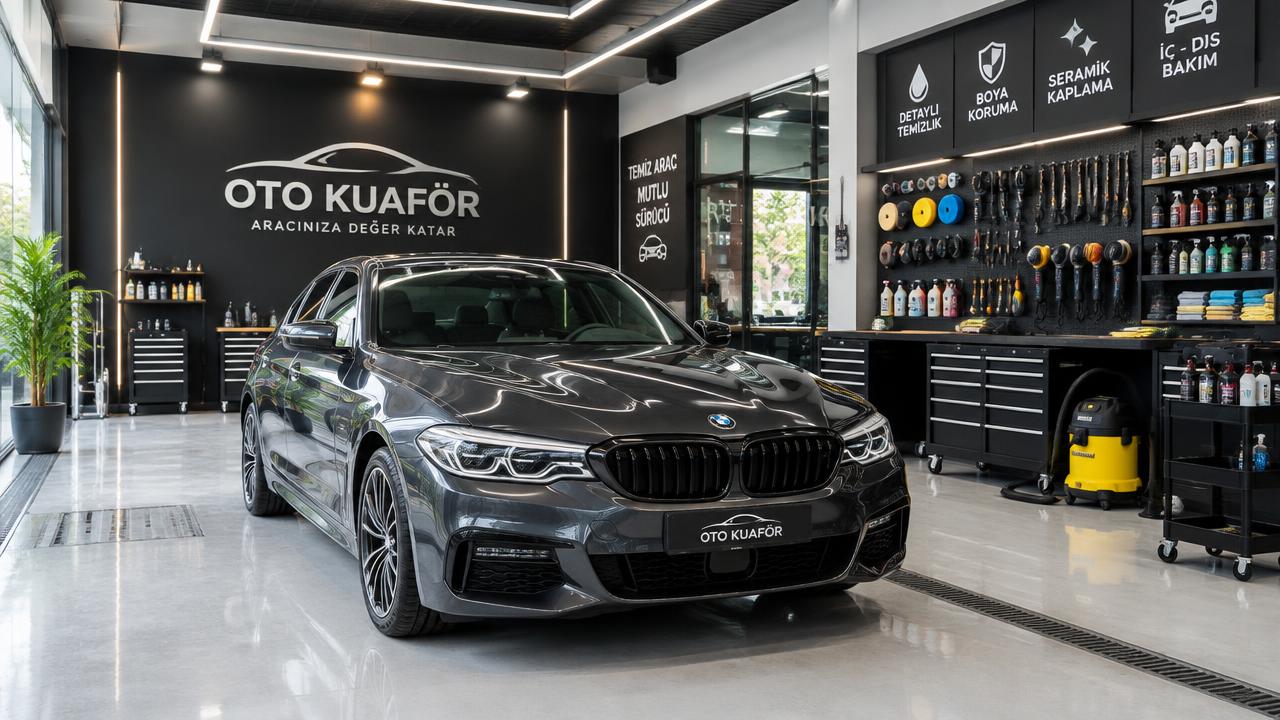 Modern oto kuaför salonunda bakımı yapılmış araç