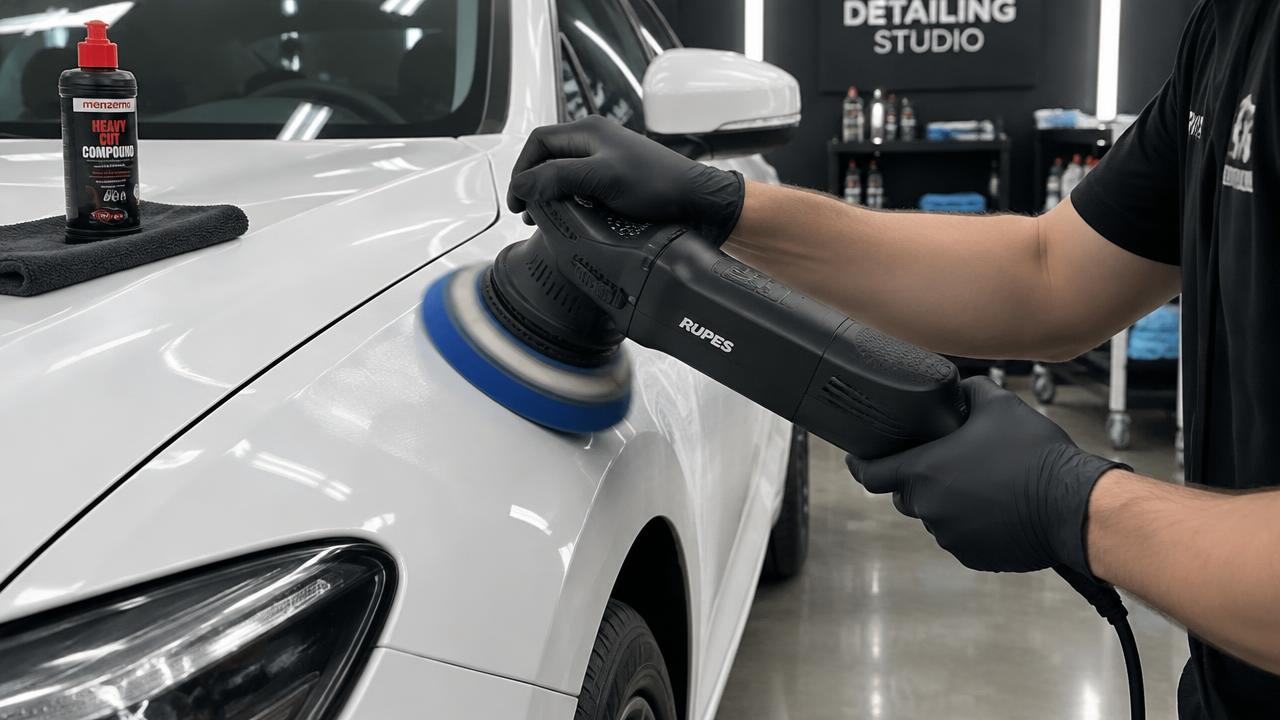 Beyaz araca polisaj makinesiyle pasta cila uygulanırken