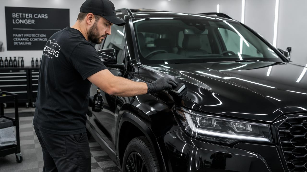 Siyah SUV araca seramik kaplama uygulanırken